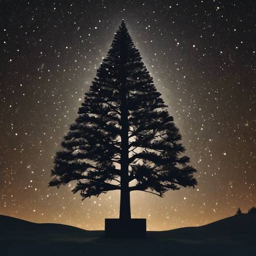 Una silueta de árbol de Navidad con una noche estrellada minimalista como fondo.