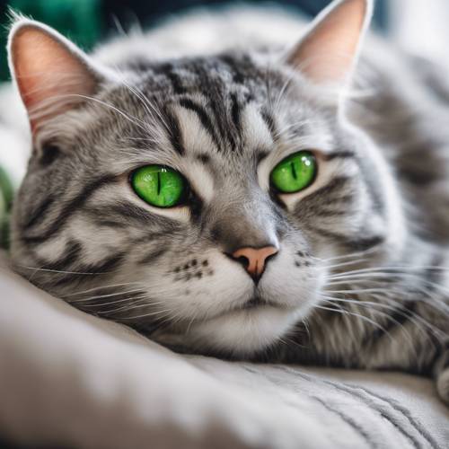 一隻銀色的虎斑貓，有著亮綠色的眼睛，躺在舒適的枕頭上