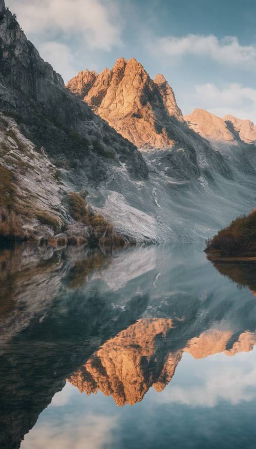 Ein auffälliger Blick auf einen Berg, der sich morgens in einem spiegelglatten Alpensee spiegelt.
