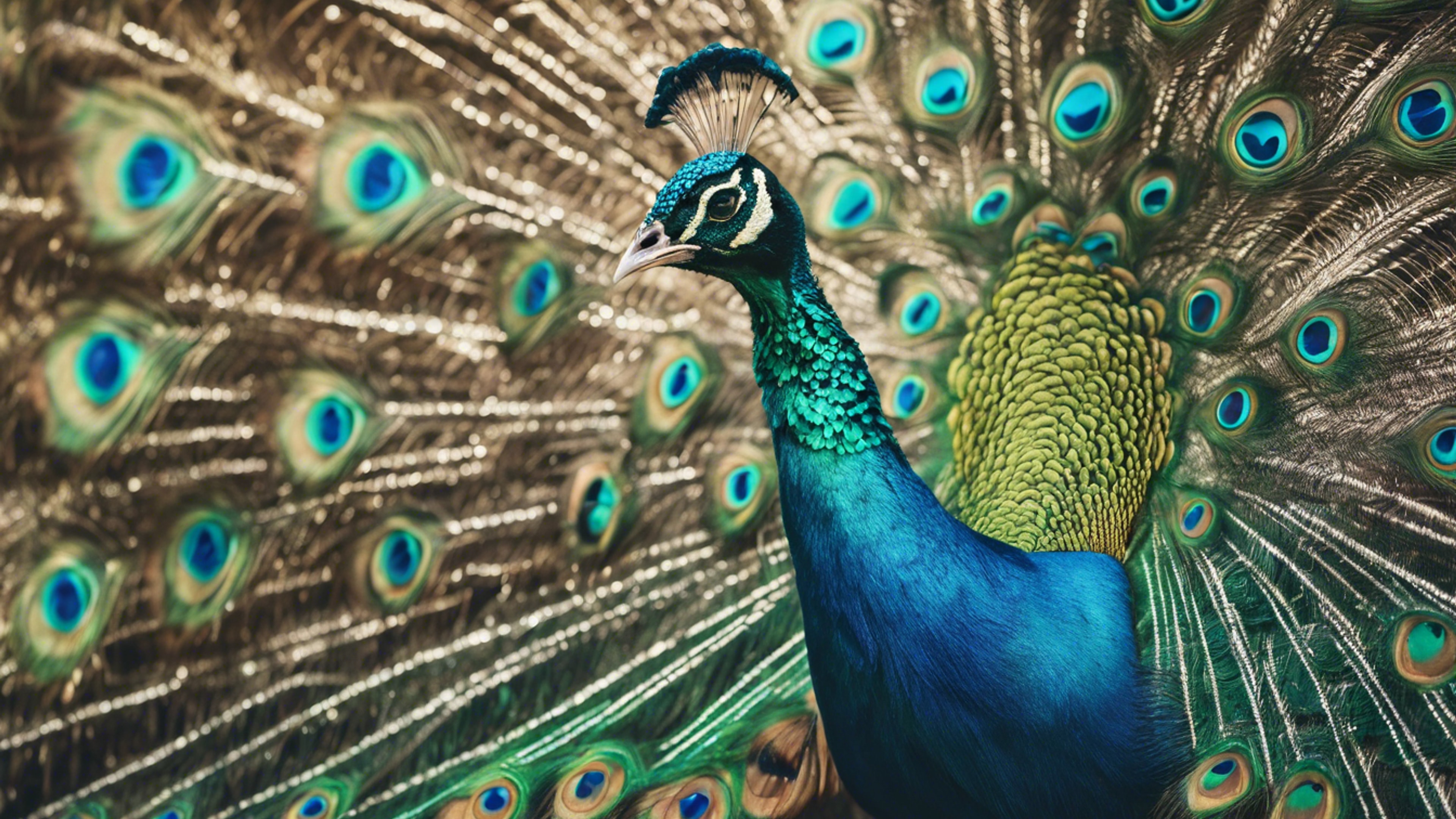 A proudly standing peacock showing off its cool teal plumage. Taustakuva[c03cd8acf17648f0a47e]
