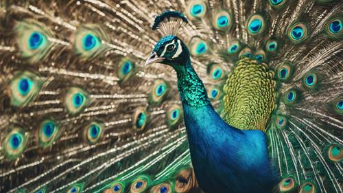 一只骄傲站立的孔雀，炫耀着它酷酷的蓝绿色羽毛。
