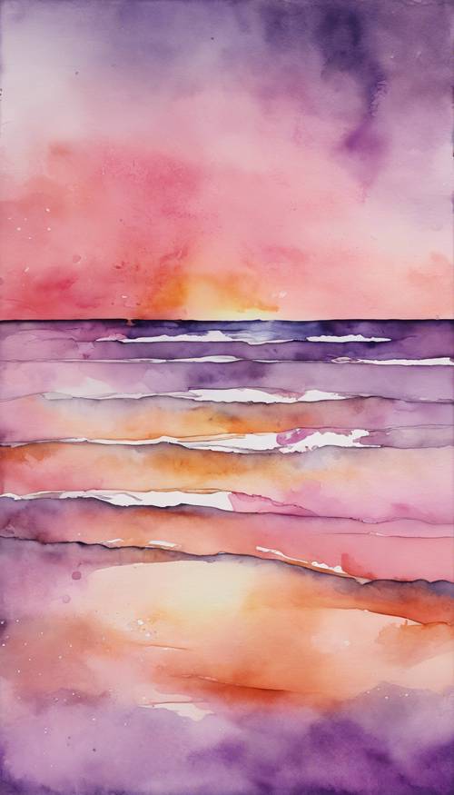 Абстрактная акварельная картина спокойного, безмятежного пляжа во время заката с оттенками оранжевого, розового и фиолетового, переливающимися друг в друга.