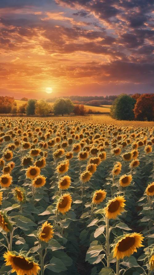 Ladang bunga matahari di bawah langit matahari terbenam yang menakjubkan di musim gugur.