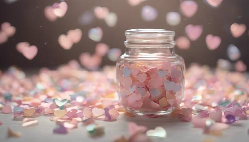 Um frasco de vidro transparente cheio de confetes pastéis em forma de coração.