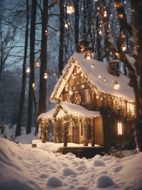 Une scène de forêt enneigée enchantée avec des décorations de Noël vintage suspendues aux arbres et un chemin menant à une cabane isolée avec une lumière chaude provenant des fenêtres.