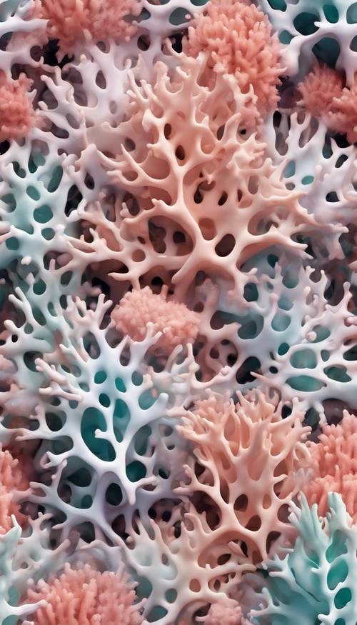 Bezproblemowy wzór przedstawiający pastelowe kolorowe formacje koralowe w abstrakcyjnym stylu. Tapeta [653181cb9854418c88e5]