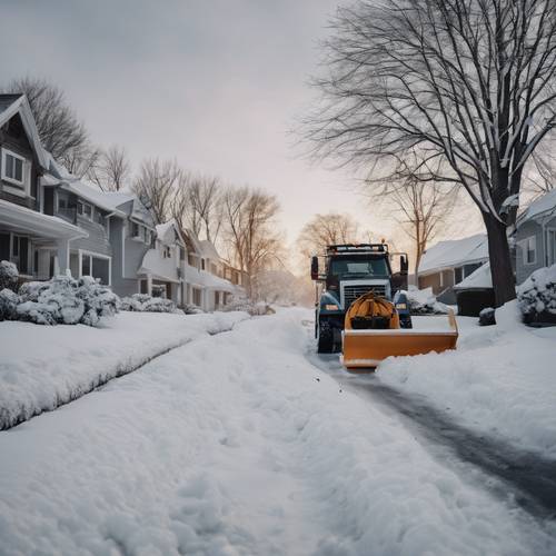 A snowplow clearing a path in a snowy suburban neighborhood. Tapet [e71b5bda59604b03881a]