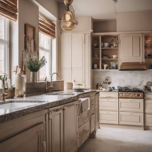 Uma cozinha elegante e caseira com armários bege, bancadas de granito e eletrodomésticos vintage.