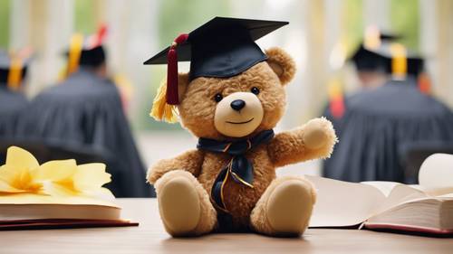 Un orsacchiotto che indossa cappello di laurea e diploma, nel mezzo di una cerimonia di laurea.