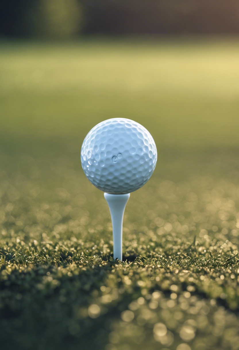 A golf ball on a tee, close-up shot with the golf course in the background. Wallpaper[476b187a663341c095c1]