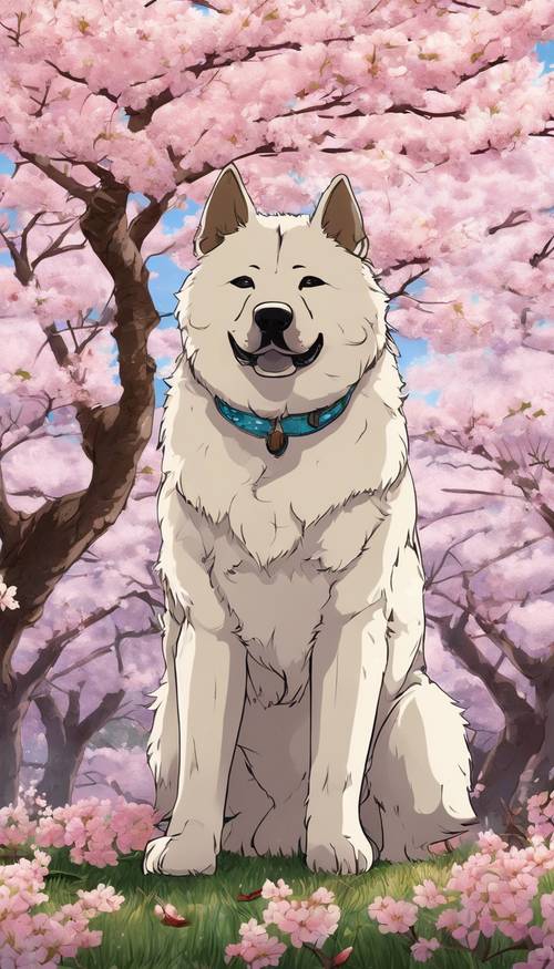 An old, wise Akita dog in anime style standing under blossoming cherry blossoms.