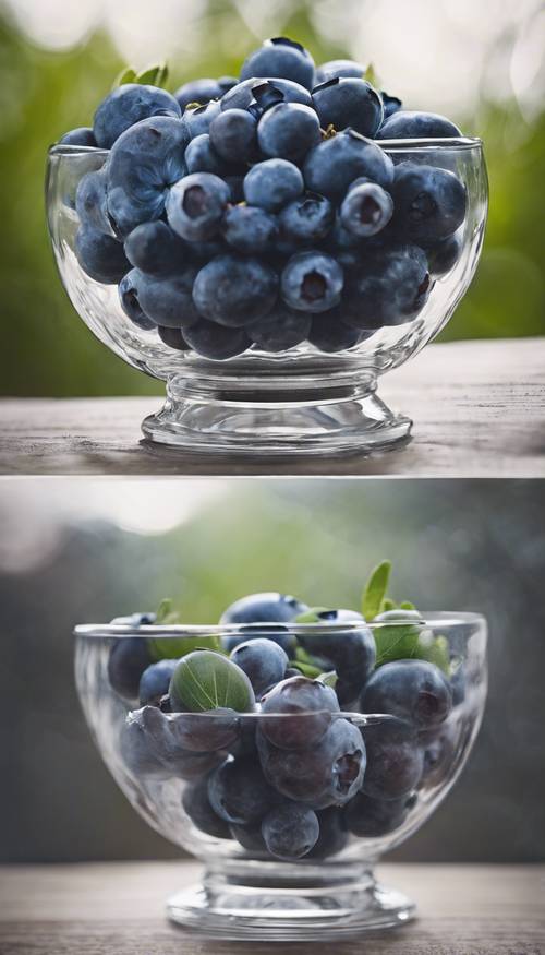 A handful of fresh blueberries in a crystal bowl.