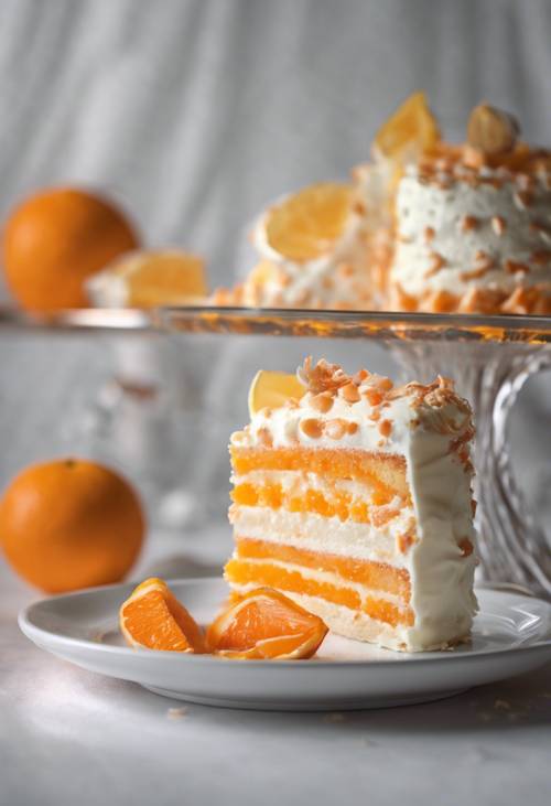 كعكة كريمة برتقالية وبيضاء شهية على طبق زجاجي.