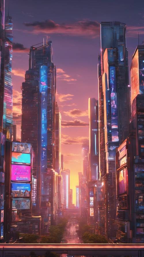 日落時分，酷炫的動漫主題城市景觀，高聳的摩天大樓和閃閃發光的霓虹燈廣告看板。