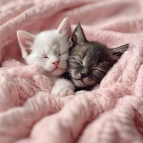 Anak kucing yang menggemaskan tidur di atas selimut merah muda pastel yang nyaman.