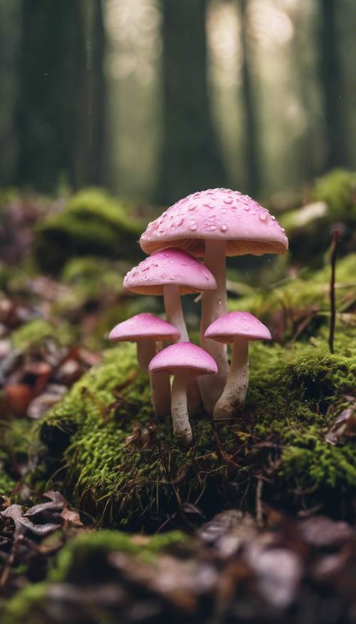 Several baby pink mushrooms sprouting on a mossy forest floor.