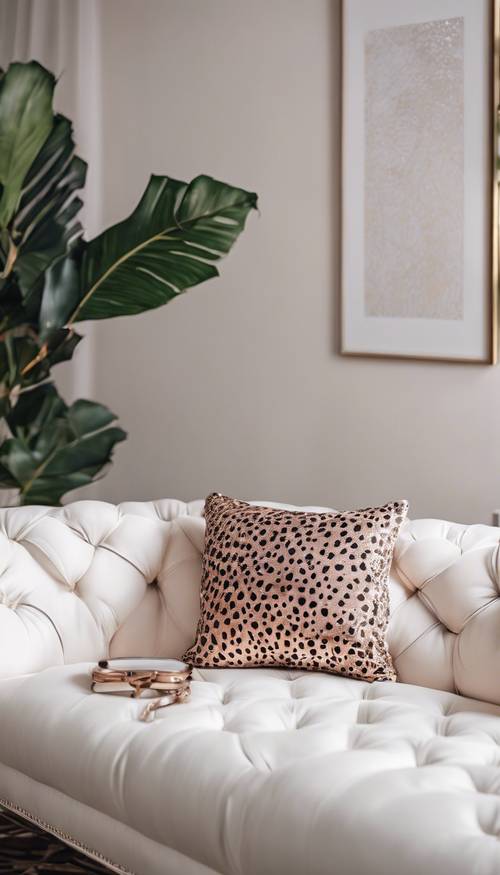 Una elegante imagen de diseño interior con almohadas con estampado de leopardo en color oro rosa sobre un sofá blanco.