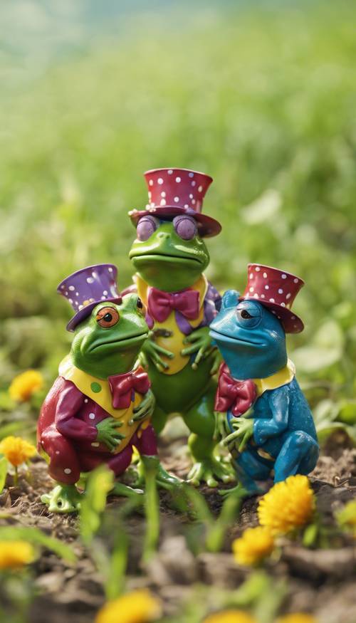 A humorous scenario of a group of 3 colorful clown-frogs amusing each other in a sunny meadow.