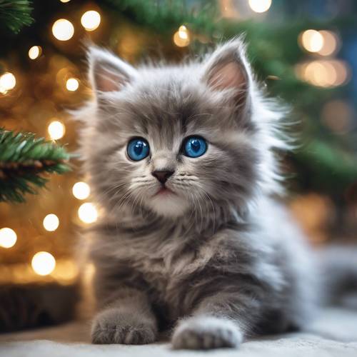 Seekor anak kucing berbulu abu-abu yang menyenangkan dengan mata biru besar, duduk di dekat pohon Natal kecil.