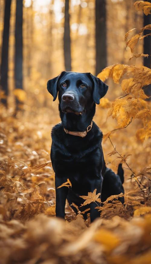 A black Labrador retriever playing fetch in a golden autumn forest