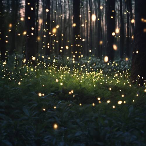 An enchanting night scene of a forest illuminated by fireflies, with scattered Lily of the Valley flowers.
