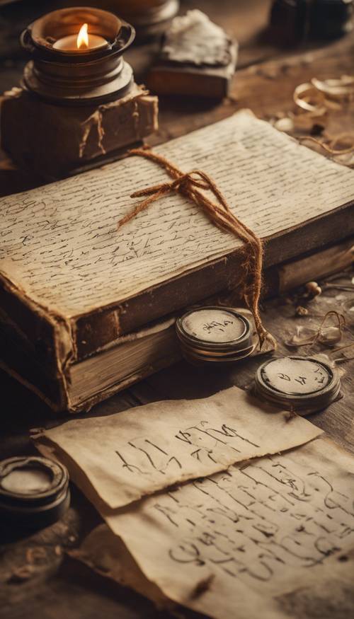 Eski bir ahşap masanın üzerine yerleştirilmiş, balmumuyla mühürlenmiş, el yazısıyla yazılmış metinler içeren eski vintage mektuplar