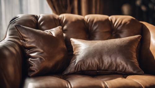 Rahat bir oturma odasındaki rustik deri kanepenin üzerinde yumuşak kahverengi ipekten yapılmış parlak yastıklar.
