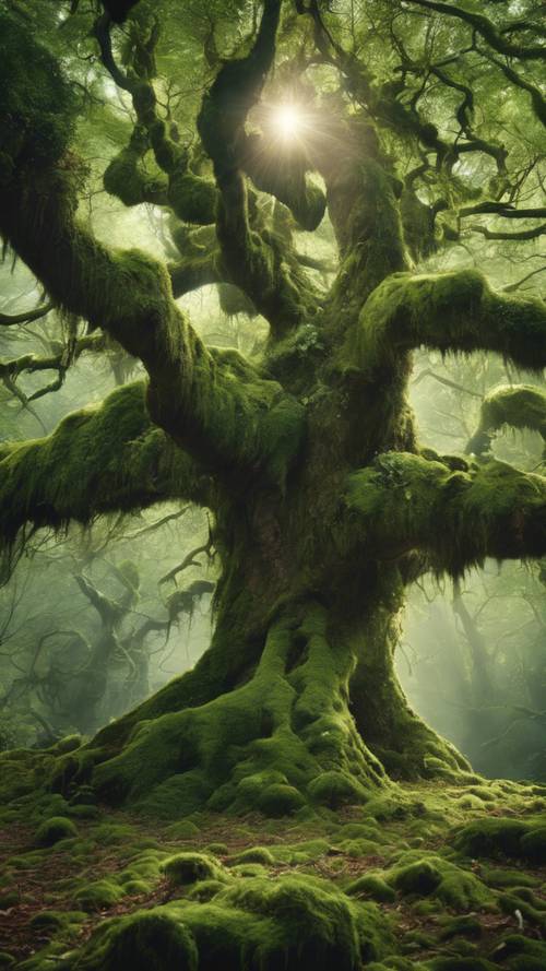Una foresta incantata con alberi massicci e secolari, avvolti da un folto muschio verde e abitati da creature mistiche.