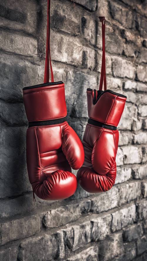 A pair of red boxing gloves hanging on a rustic grey brick wall.