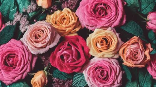ネオンカラーパレットで表現されたバラの花束を特徴とする、クラシックな刺繍の現代的なデザイン