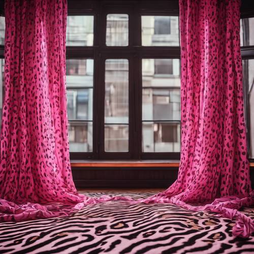 Une pièce avec des rideaux à imprimé léopard rose vif tombant en cascade jusqu&#39;au sol.