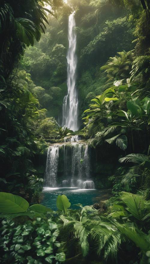 Grande cachoeira em cascata em uma selva exuberante e verdejante.