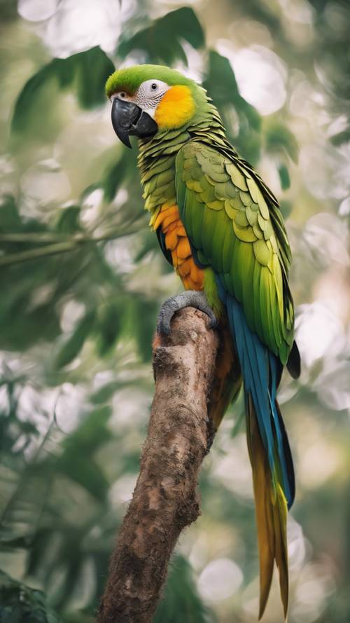 A vibrant parrot with green and yellow feathers perched on a tree branch.