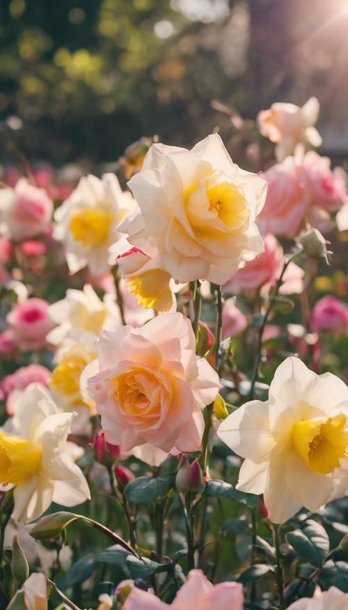 Un giardino vibrante pieno di rose e narcisi che creano uno straordinario contrasto tra il rosa tenue e il giallo sole.