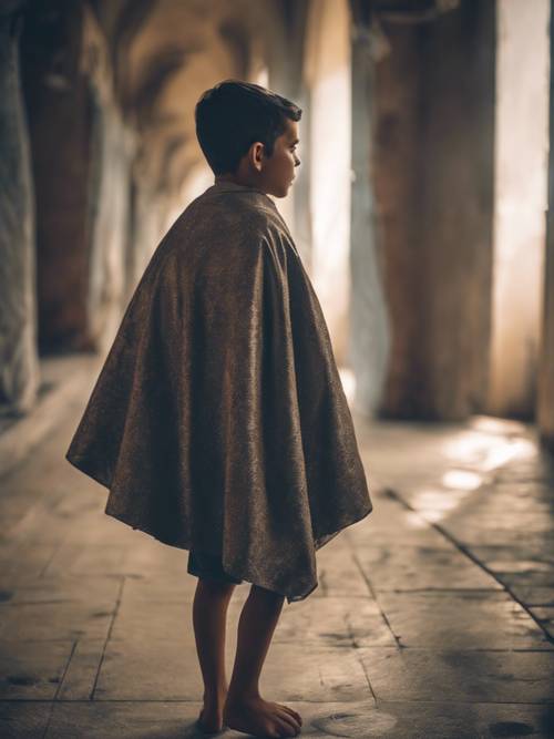 Un garçon se faisant passer pour un super-héros, portant une cape faite de draps.