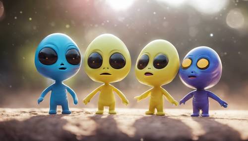 Sekelompok tiga emoji alien yang berinteraksi dan menunjukkan beragam emosi.