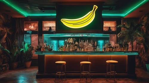 A neon sign in the shape of a banana leaf in a cocktail bar.
