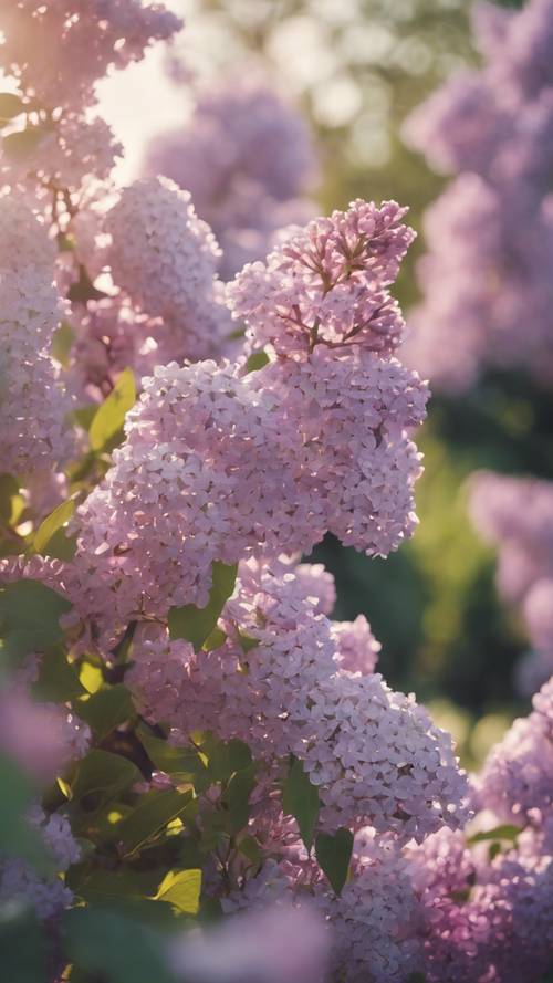 Un giardino generoso pieno di fiori lilla preppy in piena fioritura sotto la morbida luce del sole.