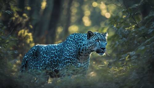 Um leopardo azul perseguindo furtivamente sua presa na vegetação rasteira escura da floresta densa.