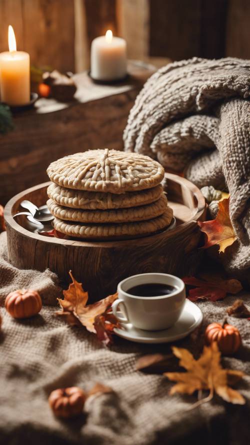 Selimut rajutan tangan bertema musim gugur dan bantal nyaman yang mengelilingi meja kopi kayu pedesaan yang penuh dengan pai Thanksgiving klasik.