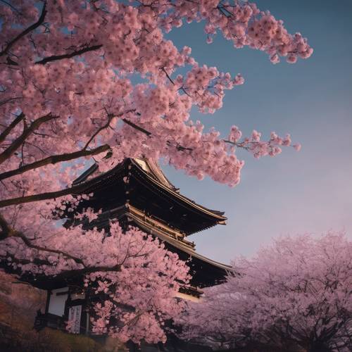 Pohon sakura merah muda menghadap kuil hitam bergaya Jepang saat senja.