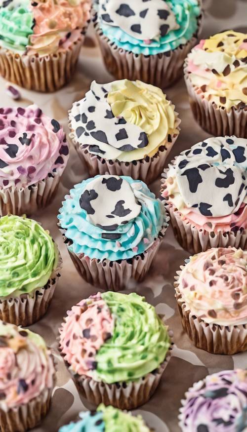 Forros para cupcakes para hornear inspirados en estampados de vacas en colores pastel y dispuestos cuidadosamente.