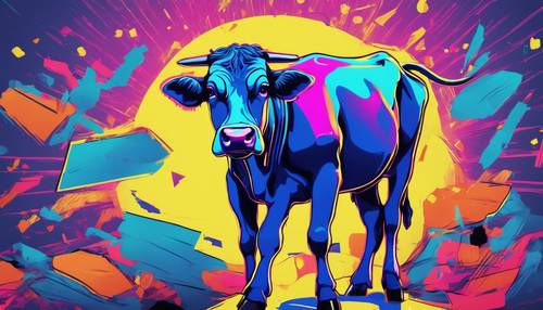 Изображение синей коровы в стиле поп-арт, создающее мешанину ярких оттенков на неоновом фоне. Обои [f3f84a4050284722b18f]