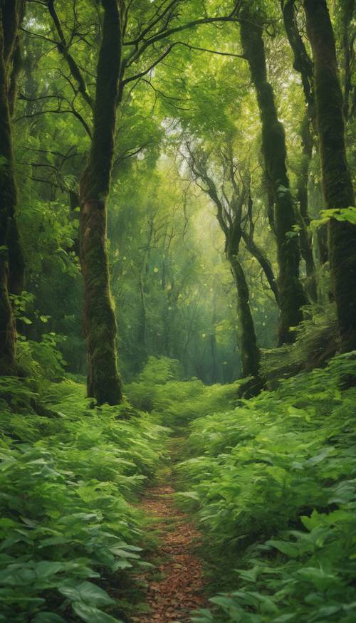 Una foresta verde e lussureggiante con foglie dipinte con vivaci disegni ispirati al boho che cadono dagli alberi. Sfondo [b38e6542b93e431e8dc3]