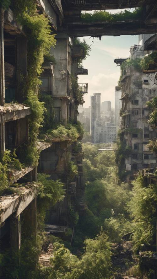 A post-apocalyptic skyline depicting a city reduced to ruins, covered in overgrown vegetation.