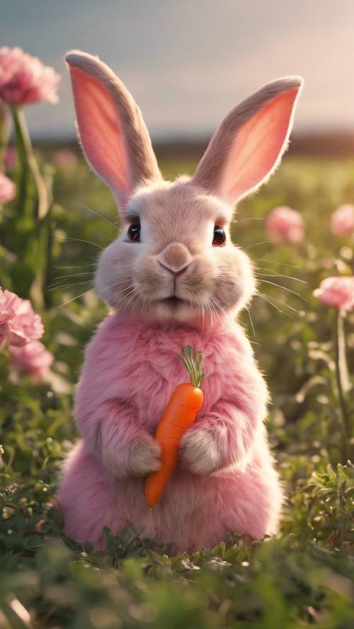 Un lapin rose réaliste jouant avec une carotte dans un champ sous la chaude lumière du soleil.