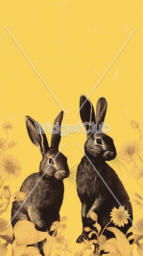 黄色い花柄の背景にいる2匹のかわいいウサギ