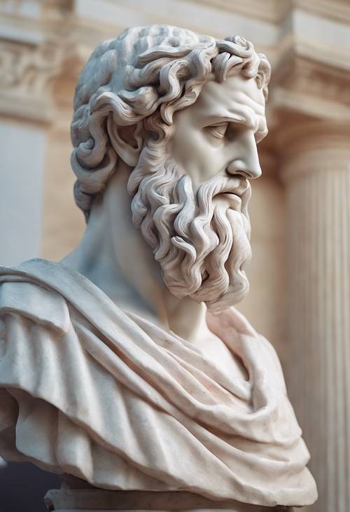 A marble bust statue in the style of Greek antiquity, painted in pastel hues.