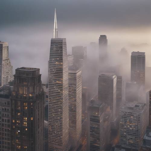 Kabut menyelimuti gedung pencakar langit ikonik di Distrik Keuangan San Francisco, menciptakan suasana yang indah dan misterius.