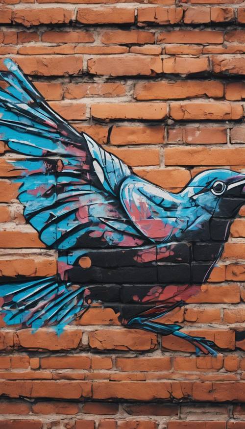 一幅现代鸟类涂鸦，装饰在市中心的一面砖墙上。